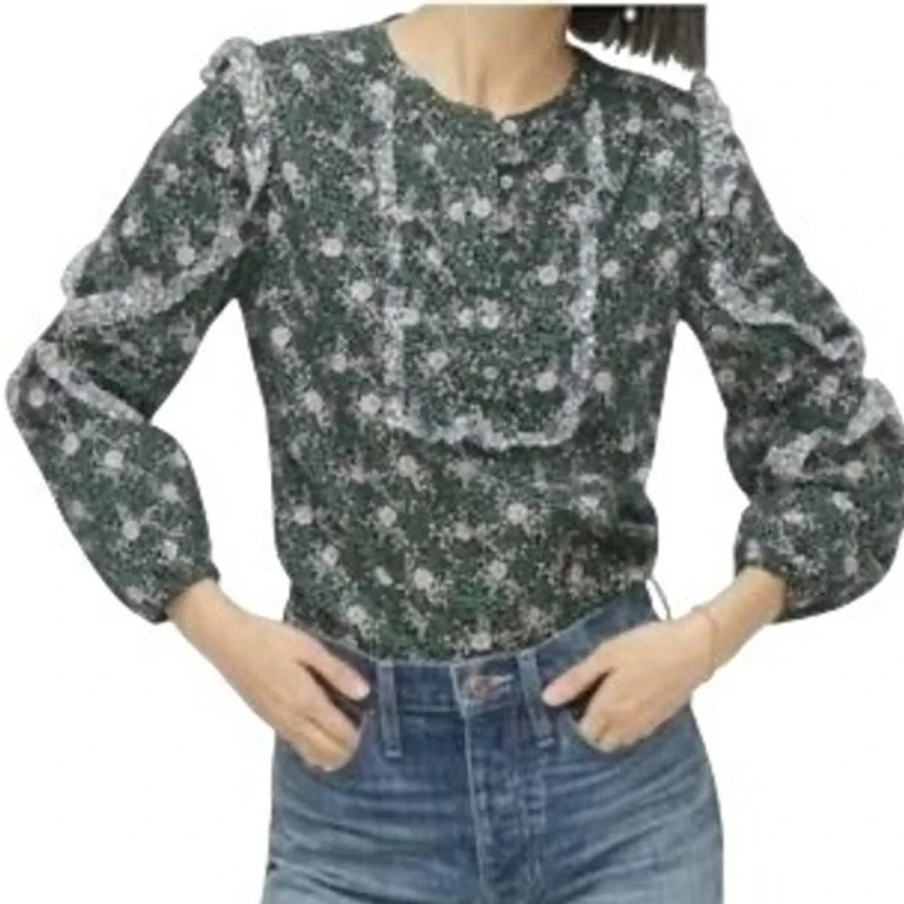 J. Crew Liberty Fabric Floral Ruffle Long Sleeve Blouse Women's Green Medium - Picture 1 of 8